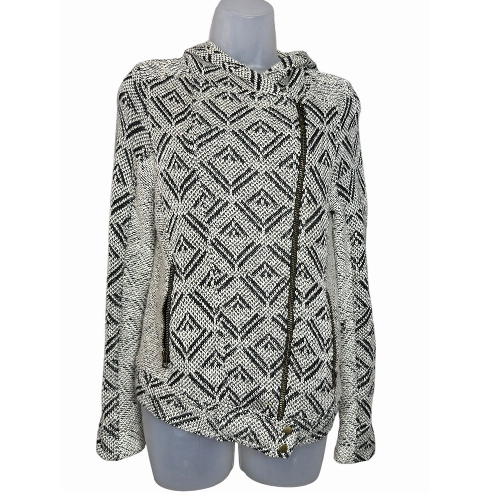 Lucky Brand S‎ Knit Moto Jacket Hoodie Black White Zip Pockets Geometric Boho